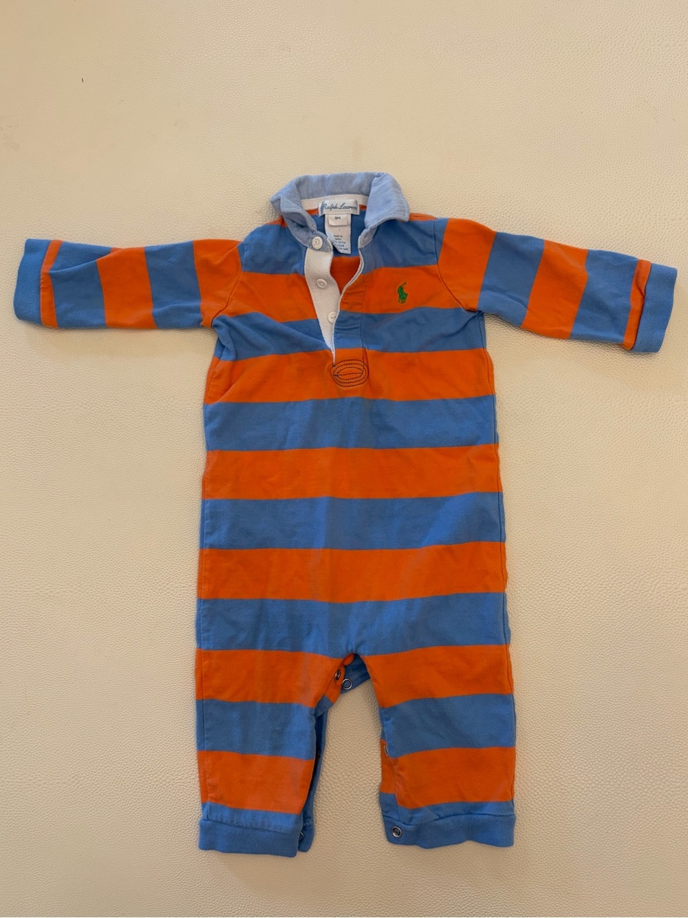 Polo Ralph Lauren Orange & Blue Striped long sleeve Infant Romper, 9 mo